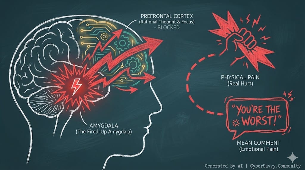 A 16:9 horizontal chalkboard-style illustration on a Dark Teal background. On the left, a white chalk outline of a human brain shows the amygdala glowing with jagged red lines and a flashing red lightning bolt, representing emotional overwhelm. Aggressive red arrows sweep forward, dimming the gold and teal circuit lines of the prefrontal cortex. On the right, a red icon of a hand gripping a jagged shape (symbolizing physical pain) is connected to a 'mean comment' box. The style is high-contrast with hand-drawn textures. A subtle watermark in the bottom right reads: 'Generated by AI | CyberSavvy.Community'.
