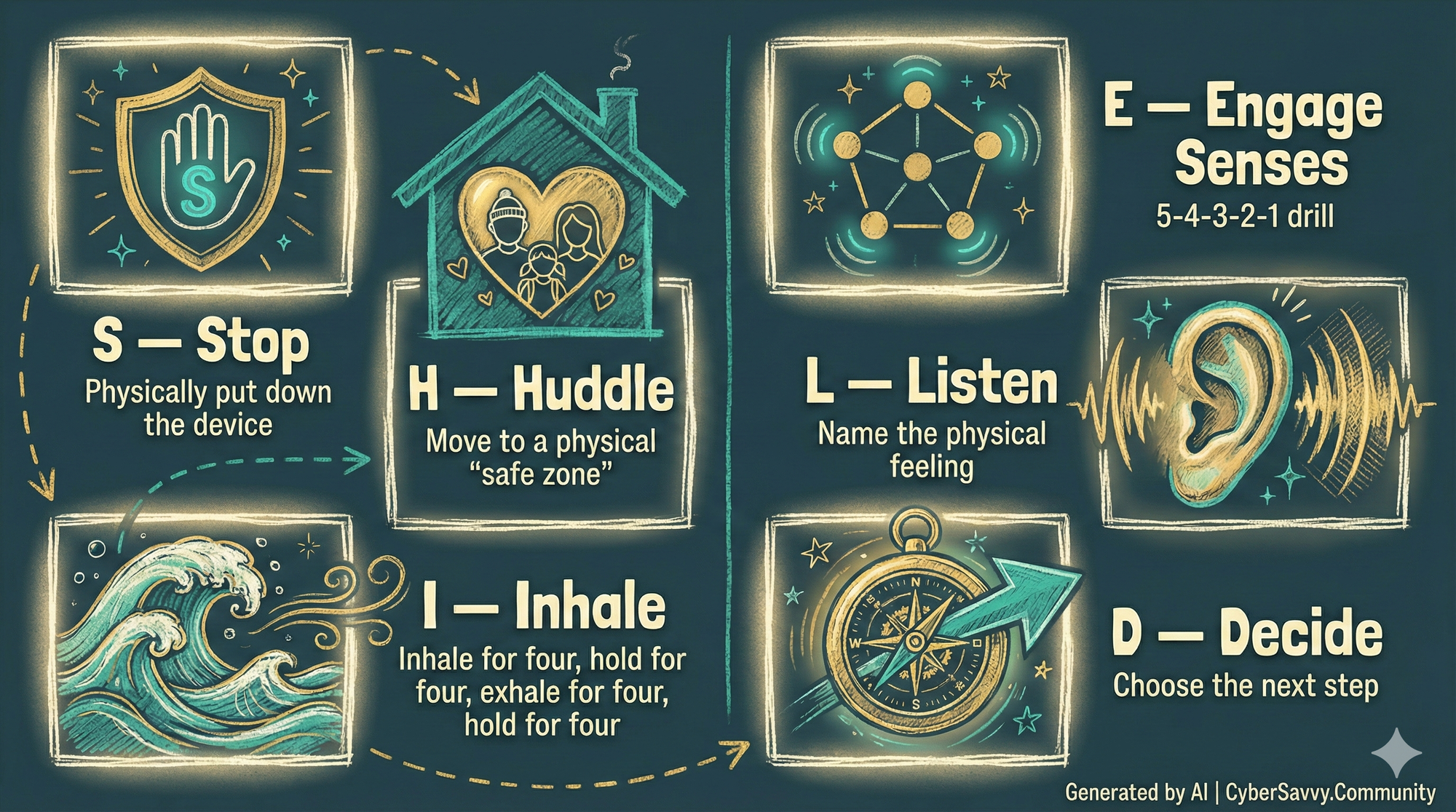 A horizontal infographic with a hand-drawn chalkboard aesthetic on a dark teal background outlines the "SHIELD" acronym for coping. Six individual, hand-drawn rectangular panels, glowing with cream-colored light, are arranged in two columns of three.  In the left column, the top panel, "S - Stop," shows a gold hand in a stop gesture inside a shield with a green 'S'; the text says "Physically put down the device." A gold dotted arrow points right to the middle panel, "H - Huddle," featuring a gold house silhouette with a gold heart containing a sketched family of three; the text says "Move to a physical 'safe zone'." A gold dotted arrow points down to the bottom panel, "I - Inhale," with a hand-drawn teal wave and gold wind lines; the text provides a breathing exercise.  A large gold dotted arrow extends from the "I - Inhale" panel towards the right column. At the top, the panel "E - Engage Senses" shows a glowing five-dot pentagon icon with the text "5-4-3-2-1 drill." Below it is the "L - Listen" panel, featuring a gold ear icon with sound waves and the text "Name the physical feeling." A gold dotted arrow points down to the final panel, "D - Decide," showing a gold compass with a teal arrow pointing forward, accompanied by the text "Choose the next step."  Chalk and crayon textures with small star and doodle decorations are visible throughout. Text in the bottom right corner reads: "Generated by AI | CyberSavvy.Community".
