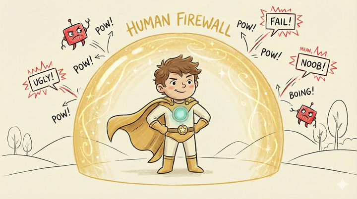 Cartoon kid illustration with crayon textures, showing mean comments bouncing off a glowing gold shield that surrounds it. This visual represents the "Human Firewall" metaphor.