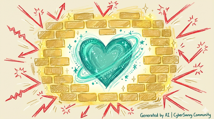 A hand-drawn illustration of a teal heart protected by a gold brick wall (the Human Firewall), deflecting red jagged lines representing digital toxicity.