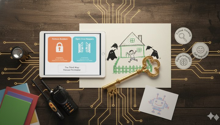 A blue digital map of Europe with hand-drawn icons—a shield, lightbulb, and paper airplane—symbolizing the Cyber Power Mindset of providing freedom within a secure digital perimeter.